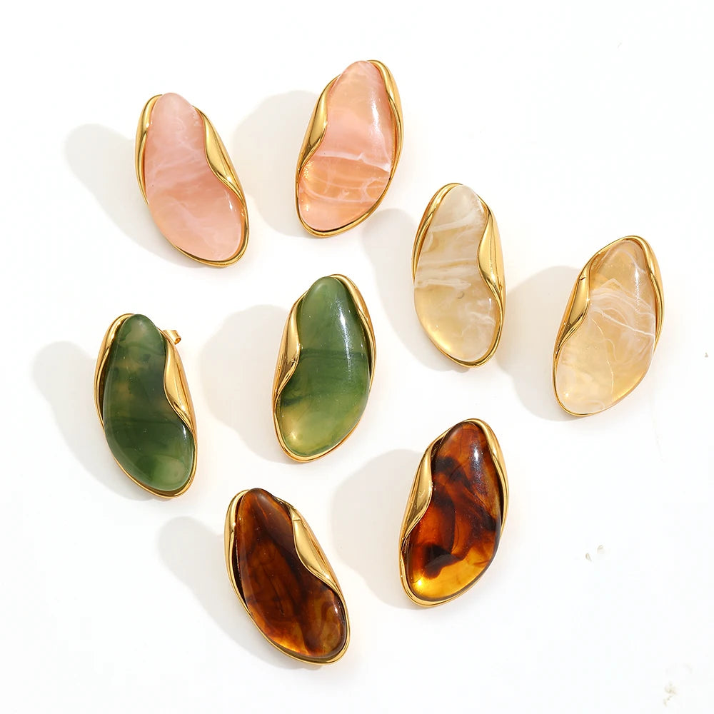 2025 New Design Brown Resin Geometric Shape Earrings Stainless Steel 18k Gold-plated Ear Studs for Women