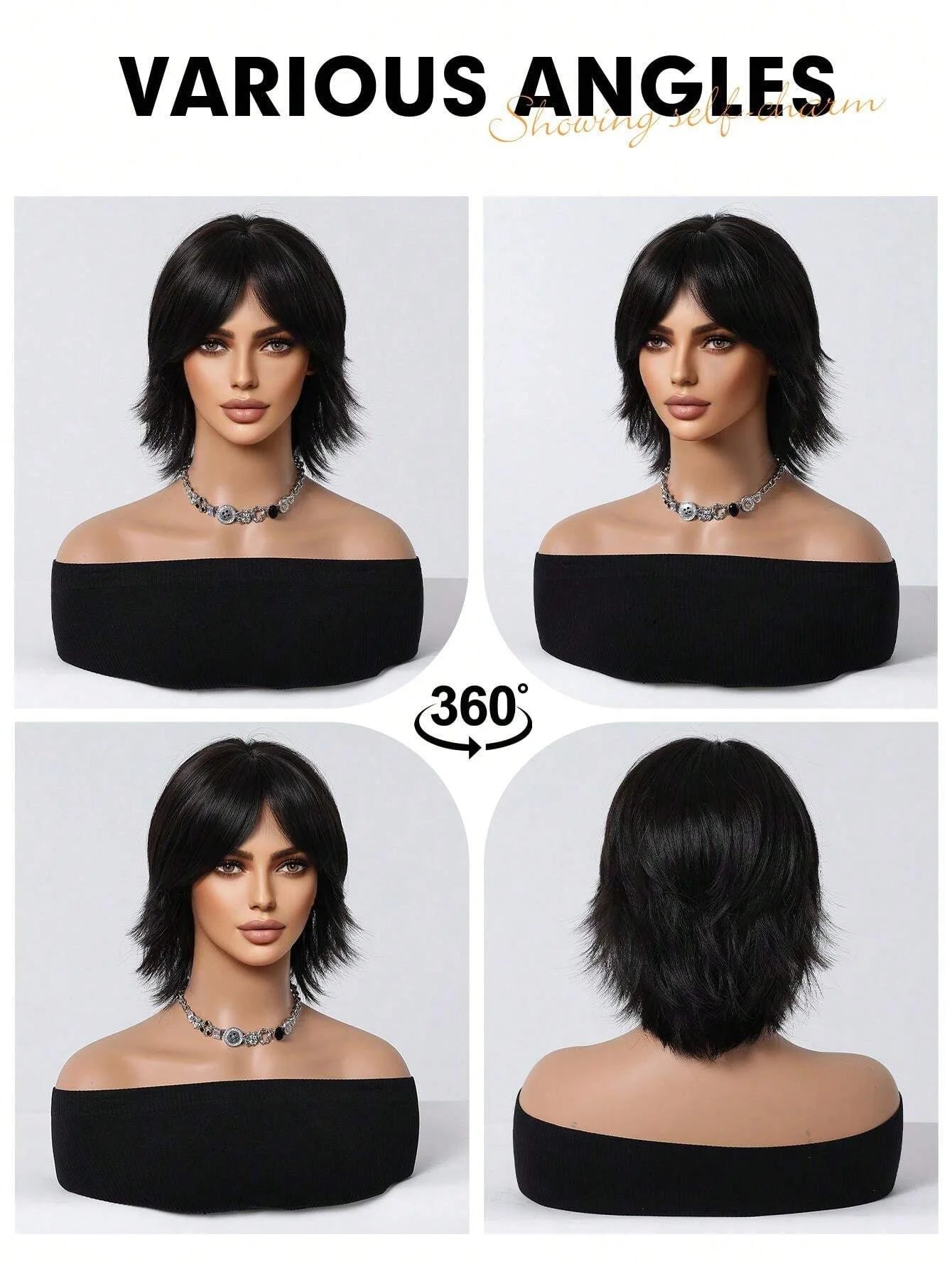 12 inch short salmon head wig with bangs, women's short straight black synthetic wig, party daily use elf cut short wig