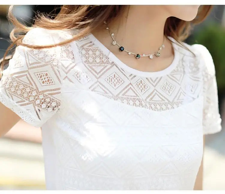 1pcs Summer Women Lace T-Shirt Lady Short-Sleeve Round-Neck tShirt Female Sexy Slim Fit  Tee Girl Chiffon Shirt Fashion Pullover