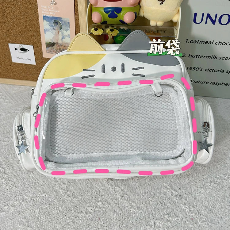 Women's Fashion Backpacks Y2K Korean Japan Kawaii Cat Ita Bag PU Cute Girls Transparent Pocket Aesthetic Shoulder Crossbody Bags