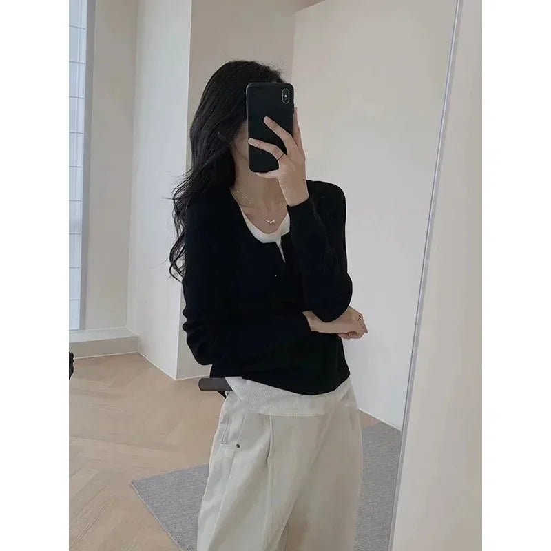 Y2k Black Fake Two Pieces Long Sleeves Shirt Women Autumn Irregular Patchwork Tops Slim-fit Bottom Knit Shirts Aesthetic Clothes