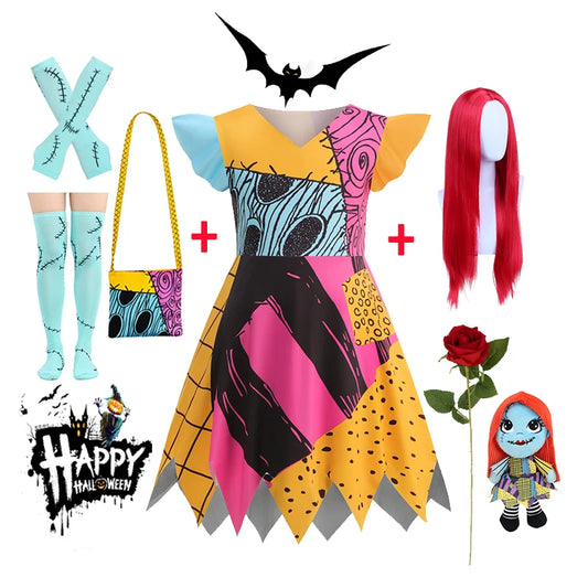 Baby Girls Halloween Costumes Cosplay Dress Nightmare Before Xmas Children Carnival Princess Sally Party Clothes 2-10 Years