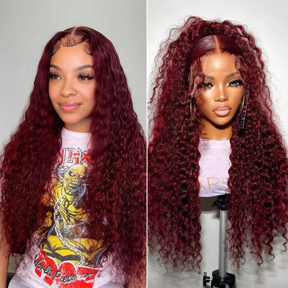 Red Wine 8 34 Inches Deep Wave 200 Density 13x4 99J Burgundy Lace Front Wig Brazilian HD Glueless Lace Frontal Human Hair Wig
