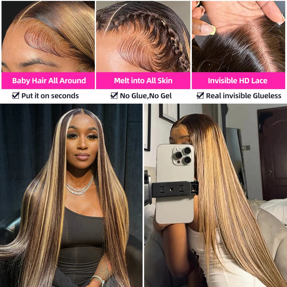 30 32 Inch 13x4 13x6 HD Highlight Ombre Straight Human Hair Wigs Honey Blonde Bone Straight Lace Front Human Hair Wig For Women