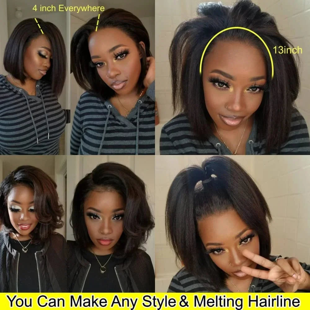 Ready To Wear Glueless Wigs Kinky Straight 13x4 Lace Front Human Hair Wig Short Bob Wigs HD Transparent Yaki Straight Wig 180%