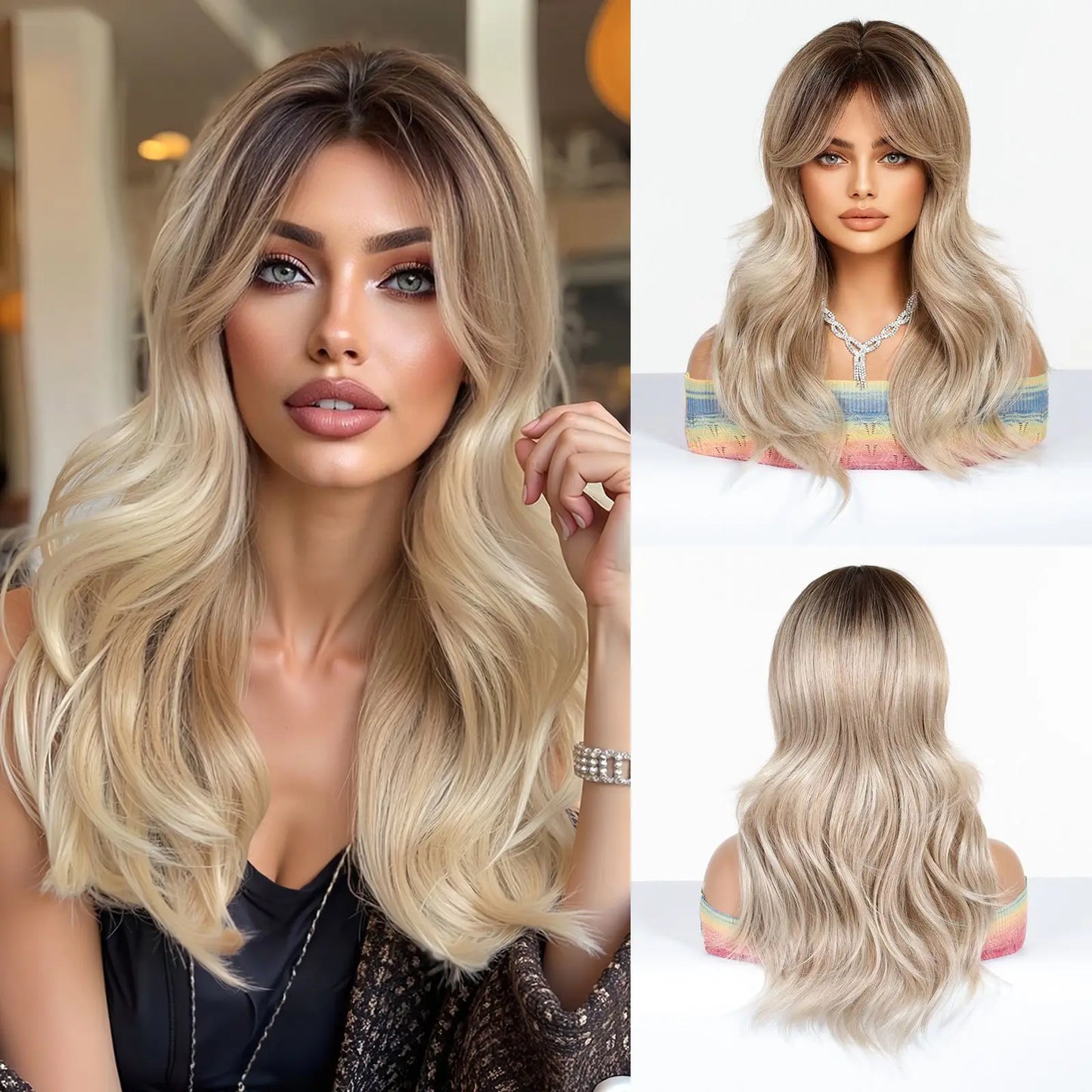 Elegant Curly Wave Ash Blonde Wig Synthetic Hair with Bangs Long Women Party Cospaly Wig 100% Tang Long  Heat Resistant Fiber