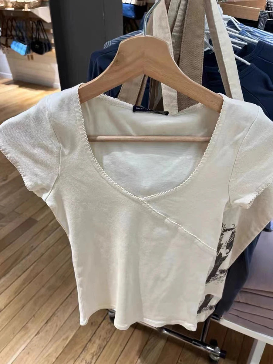 Stitching Solid Vintage Slim T-Shirt Summer V Neck Streetwear Cotton Top 2023 Femme Sweet Cute Y2k Simple Tee Tops Woman Clothes