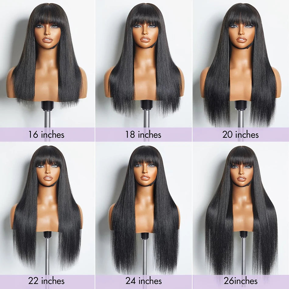 100% Human Hair Wigs Wear Go Glueless Straight Wig With Bangs Natural Black Color Straight Machine Made Wig with Fringe Bobbi