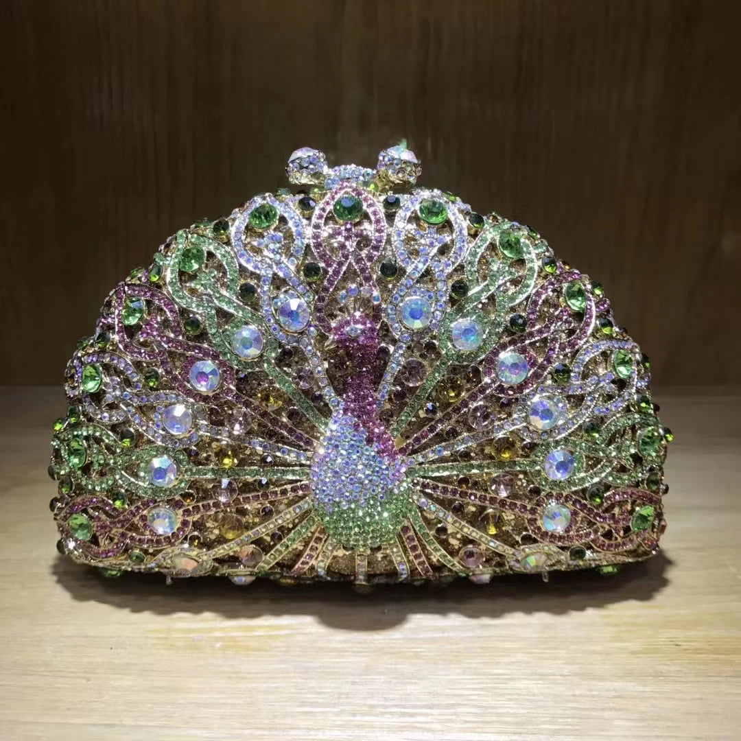 Women Peacock Animal Multicolored Clutch Bag Diamond Crystal Dinner Party Gala Handbag Wedding Bridal Birthday Gift Cute Purse
