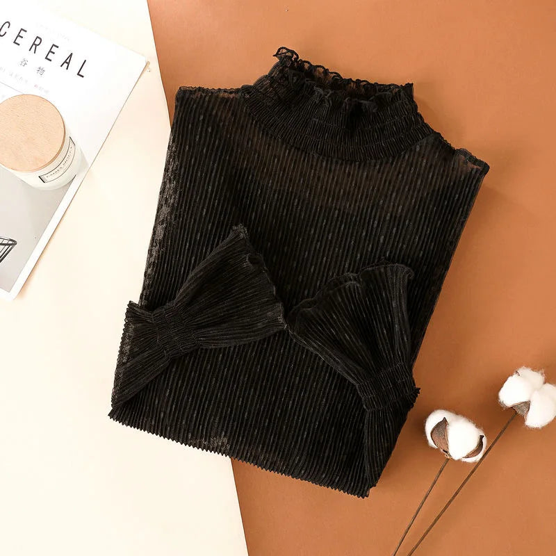 Women Sexy Mesh See Through T Shirt  Long Bell Sleeve Hollow Out Blouse Summer Transparent Sheer High Neck Bottoming Basic Tee