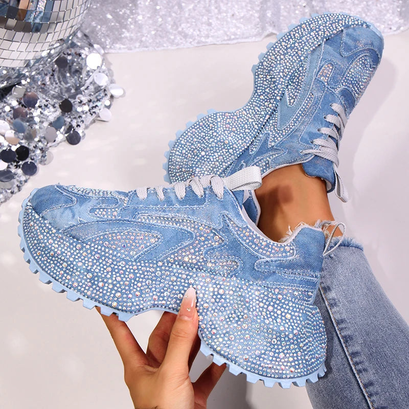 Luxury Rhinestone Chunky Sneakers for Women Fashion Purple Denim Platform Sports Shoes Woman Non Slip Thick Sole Vulcanize Shoes