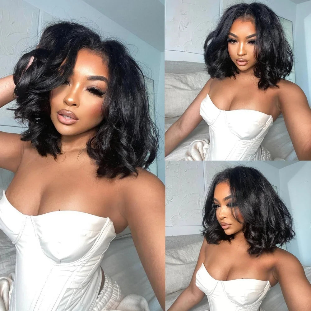 100% Human Hair Body Wave Bob Black Wig Loose Wave 13x4 Lace Front Short Wigs 4x4 Closure Bob Wig with Baby Hair For Women 14 IN