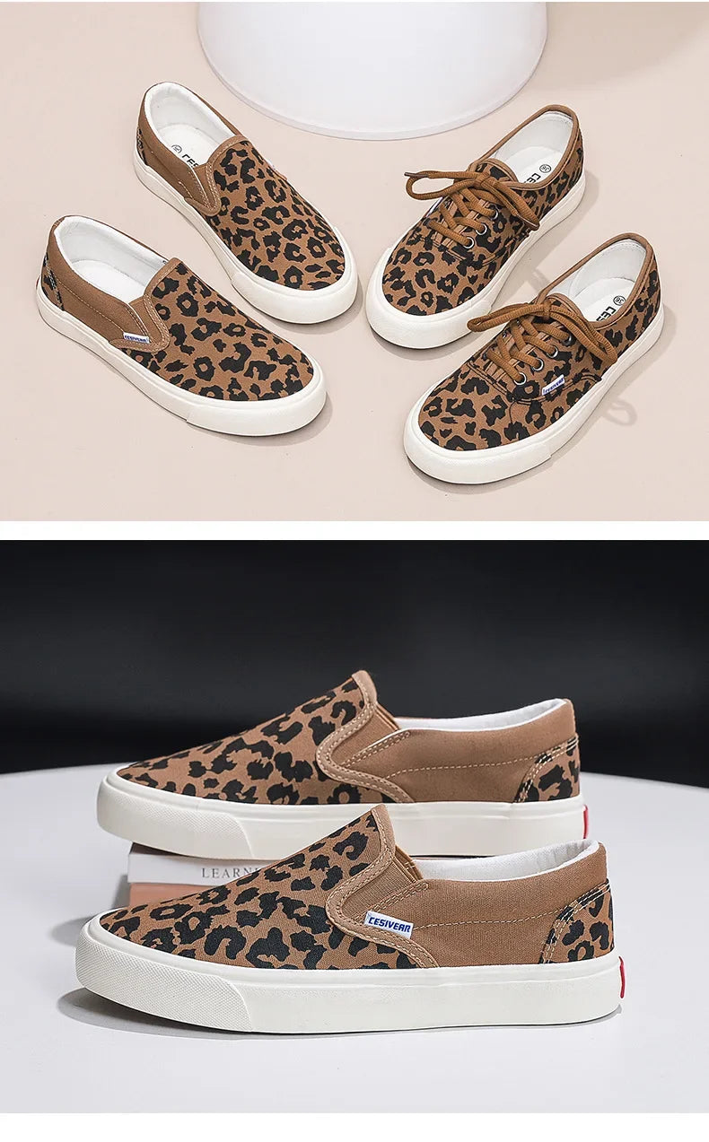 Retro Fashionable Canvas Shoes for Women Student Sports Casual Leopard Print Slip-On Sneakers Comfortable Cotton Lined Shoes