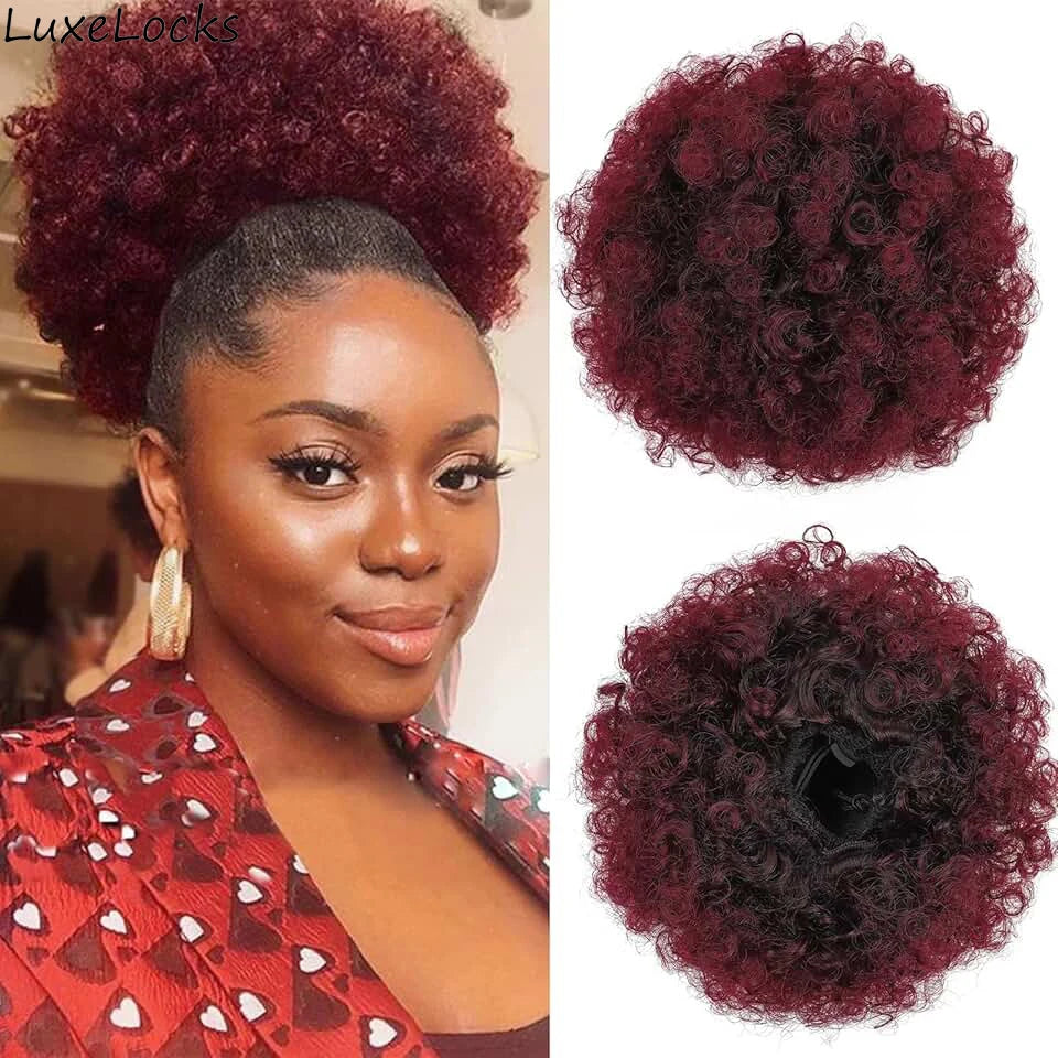 100% Human Hair Afro Kinky Puffs Drawstring Ponytail Extensions for Black Women 4# 99J 30 Kinky Curly Afro Puff Hair Accessories