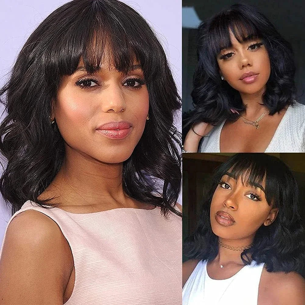 Body Wave Wigs With Bangs Malaysian Human Hair Wig With Bangs For Women Glueless Wear and Go Machine Made Wig Short Bob Wig Sale