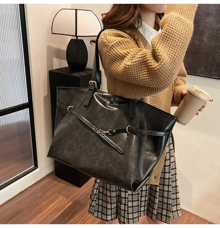 Large Capacity Winter Lady Shoulder Bag Vintage Casual Girl Tote Bags Y2K Pu Leather Female Handbags Women's Commuter Bag Purse