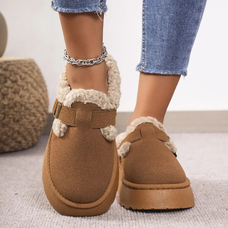 2025 New Plush Buckle Warm Cotton Slippers Winter Thick Sole Thick Snow Boot High Quality Plush Cotton Slippers Zapatos De Mujer