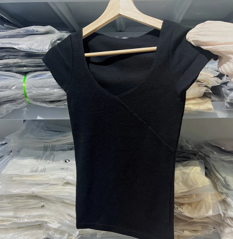 Stitching Solid Vintage Slim T-Shirt Summer V Neck Streetwear Cotton Top 2023 Femme Sweet Cute Y2k Simple Tee Tops Woman Clothes