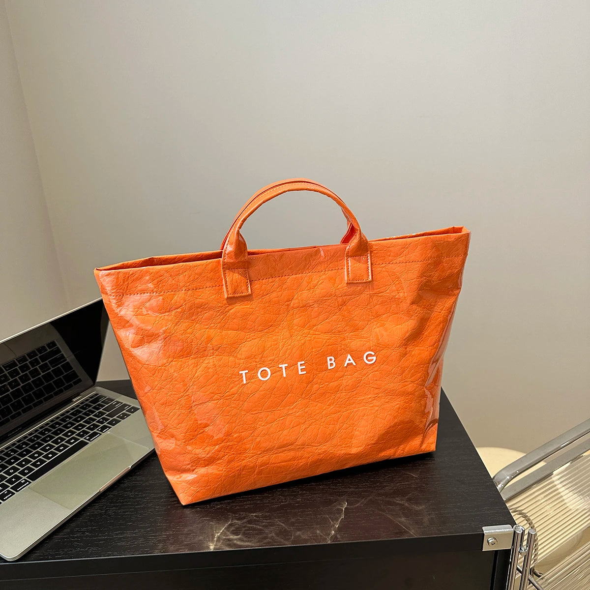 Chic Preppy-Style Large Capacity Tote Bag - Lightweight PVC & Kraft Paper With Magic Tape Closure For Women's Fashion