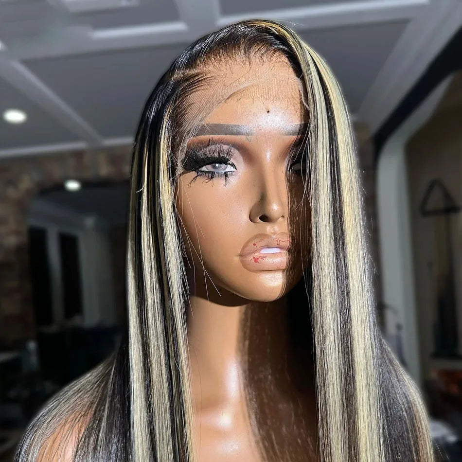 1B/27 Black and Blonde Highlights Bone Straight 13x4 HD Lace Front Human Hair Wigs 200% Brazilian Colored Lace Frontal Wig