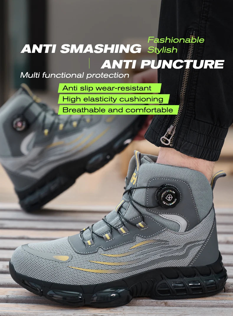 High Top Work Safety Boots Men Steel Toe Cap Work Shoes Rotating Button Indestructible Sneakers Protection Men Safety Shoes