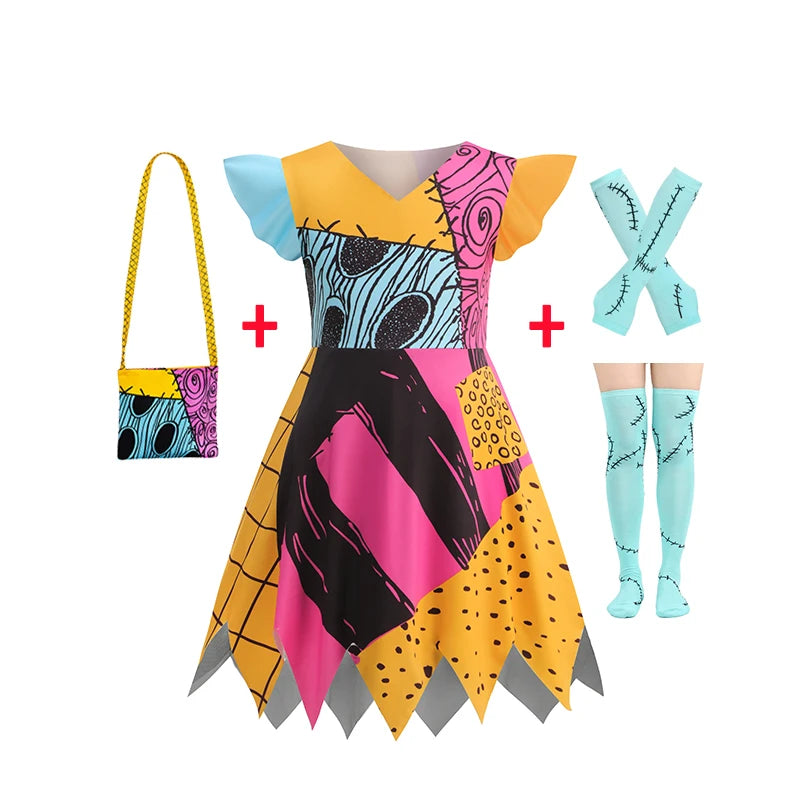 Baby Girls Halloween Costumes Cosplay Dress Nightmare Before Xmas Children Carnival Princess Sally Party Clothes 2-10 Years