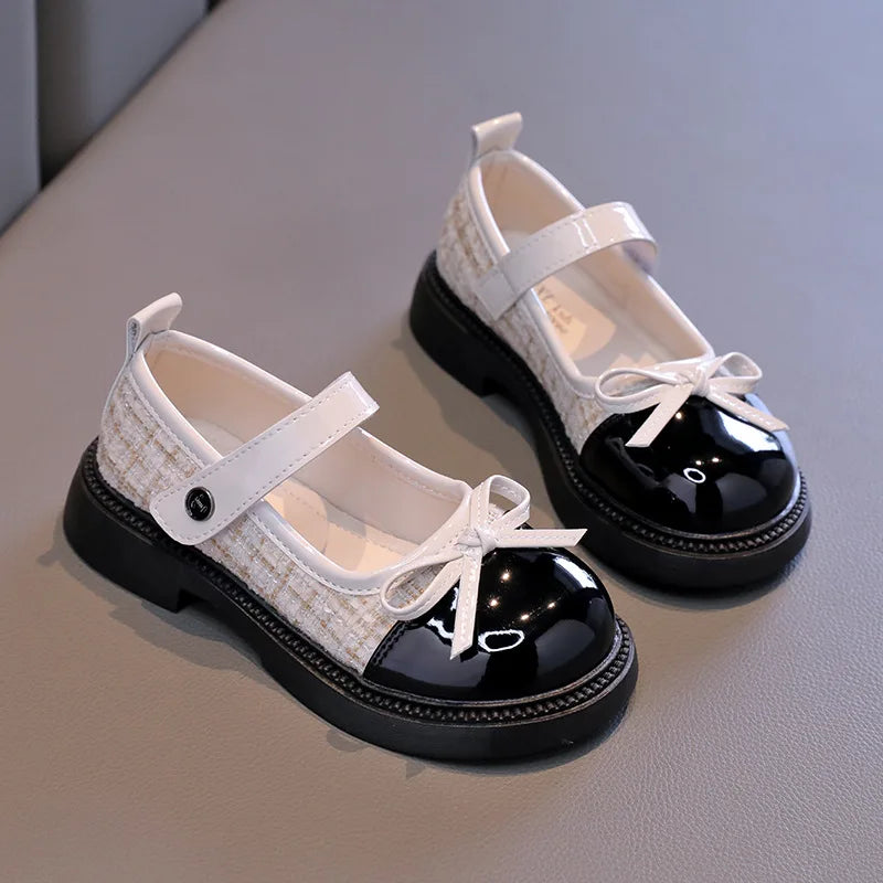 Spring Autumn Children's Leather Shoes with Bowknot Versatile Girls Fashion Mary Jane Shoes Causal Patchwork Kids Princess Shoes