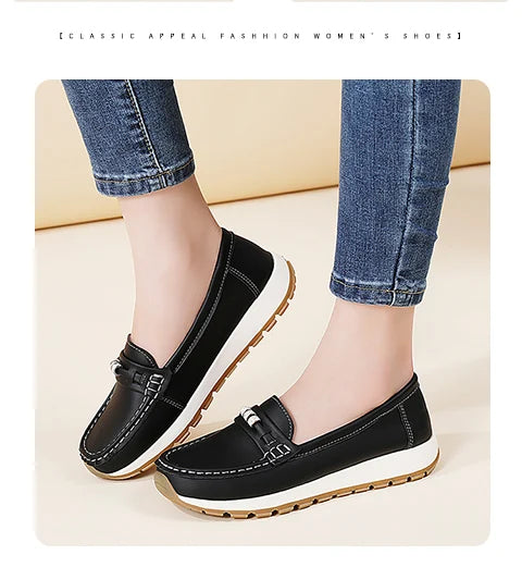 Women's casual flat shoes, 100 genuine leather shoes, lightweight spring and summer loafers, walking mom shoes