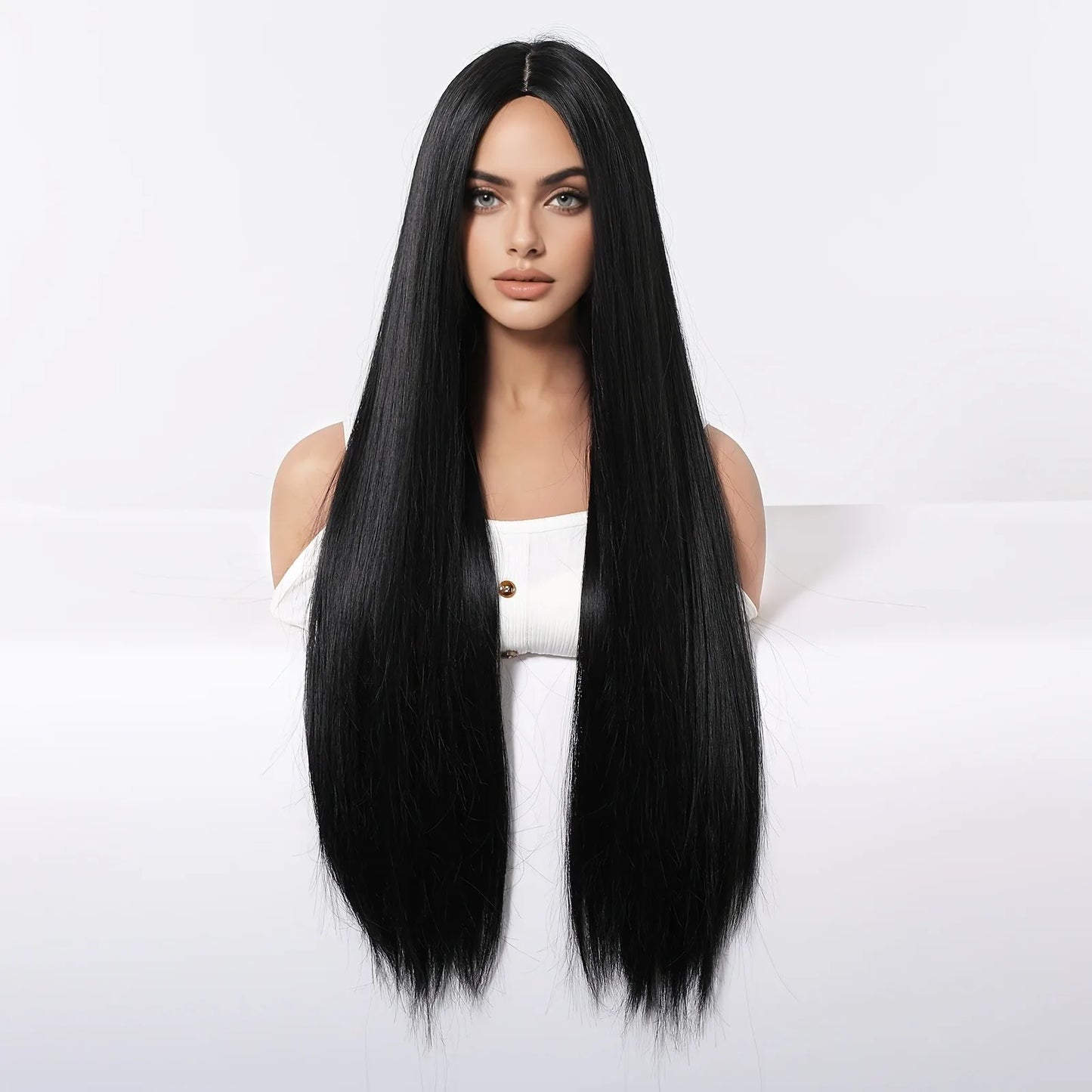 Elegant 28 Inch Black Straight Synthetic Wig for Women, High Temperature Fiber, 150% Density, with Rose Net Cap, for Parties and