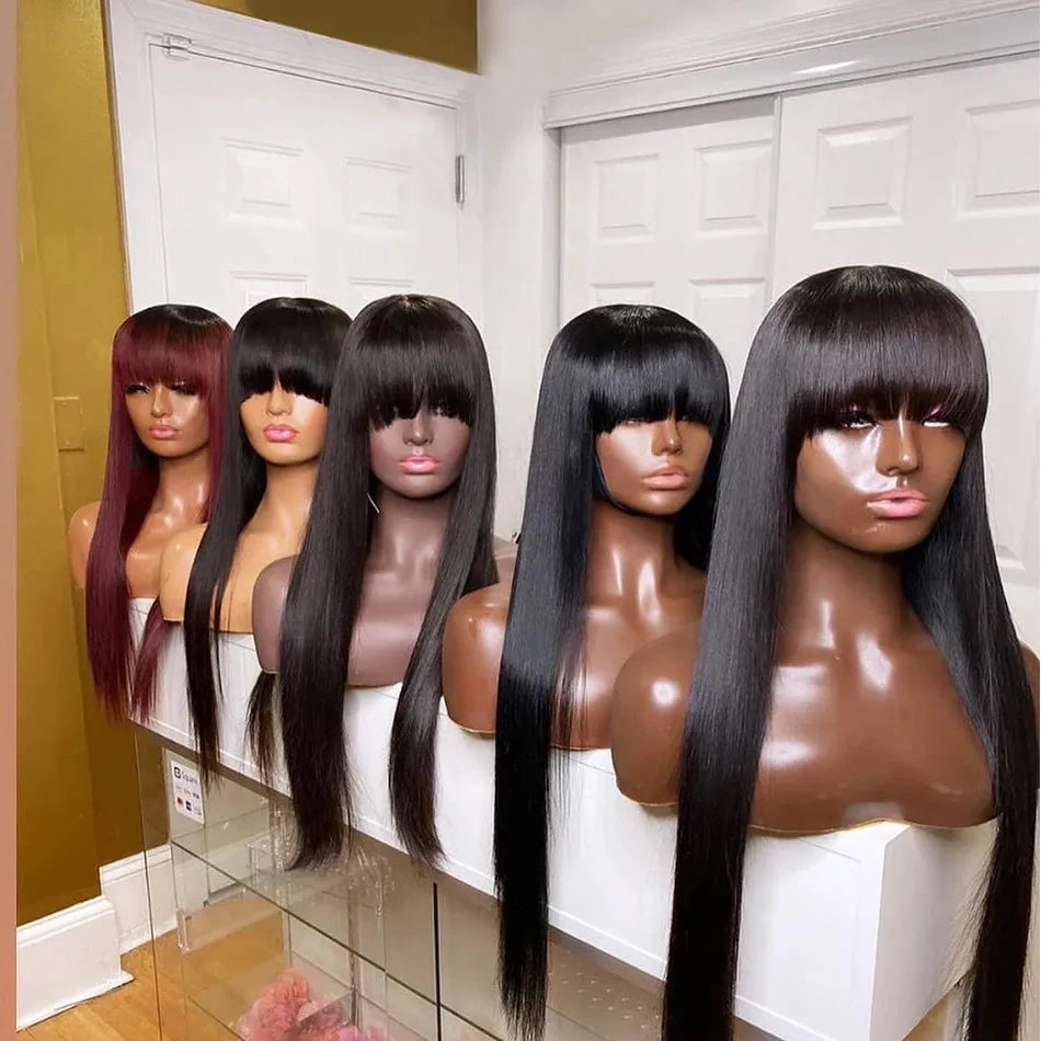 100% Human Hair Wigs Wear Go Glueless Straight Wig With Bangs Natural Black Color Straight Machine Made Wig with Fringe Bobbi