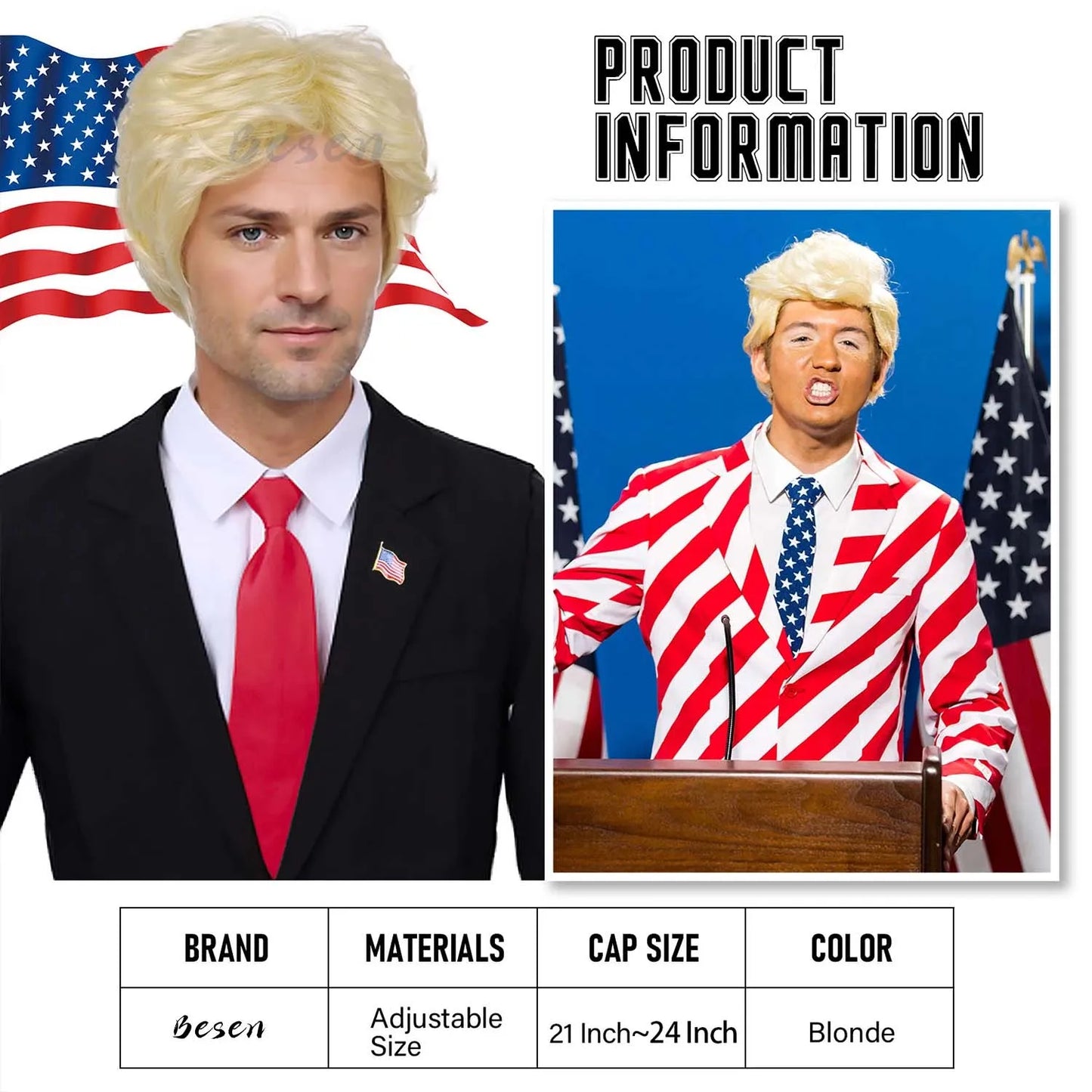 Synthetic Blonde Costume Wig for Adults With Funny Stickers Mens Layered Heat Resistant Wigs Famous People Cosplay Wigs