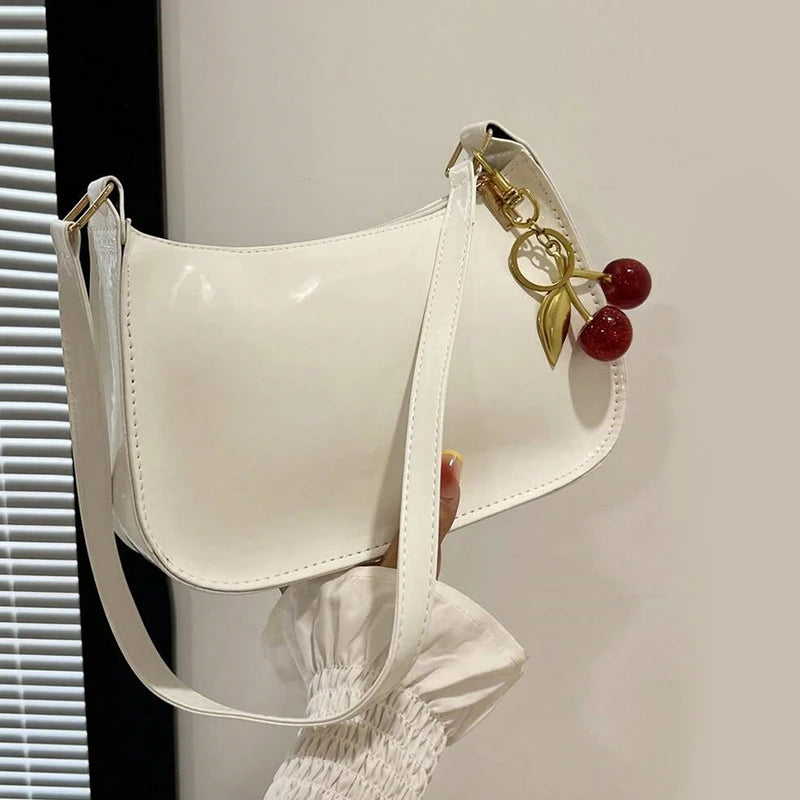 Vintage Retro Shoulder Bag for Women PU Leather Underarm Crossbody Ladies Casual Handbag Purse with Cherry Pendant