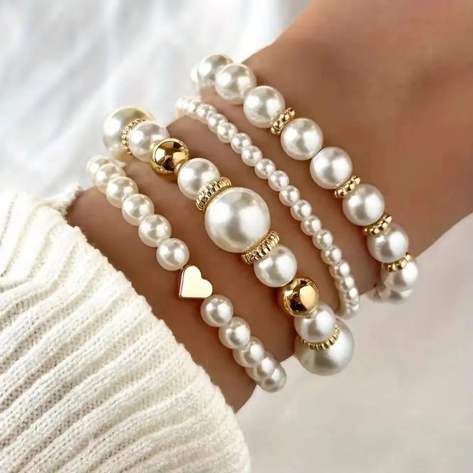 4Pcs/Set Heart White Color Pearl Bracelets Set For Women New Trendy Elastic Beaded Bracelet Elegant Wedding Party Jewelry Gift