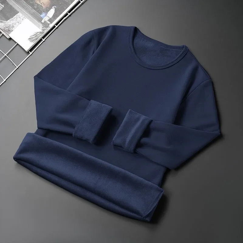 Men's Fleece Lined Thickened Long Sleeve T-Shirt round Neck Base Shirt Autumn Clothes Winter Long Sleeve Warm Underwear