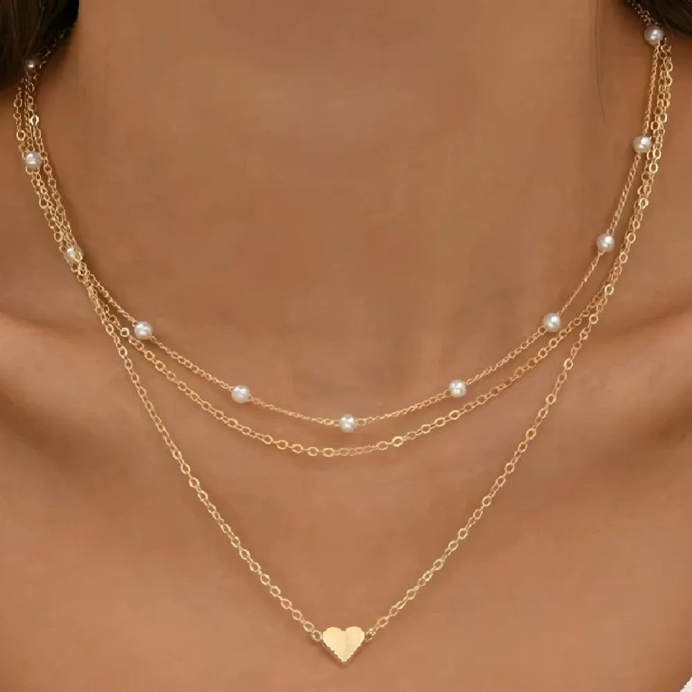 2025 New Women's Pearl Necklace Set 14K Gold Fashion Love Heart Pendant Waterproof Hypoallergenic Collarbone Neck Chain Jewelry