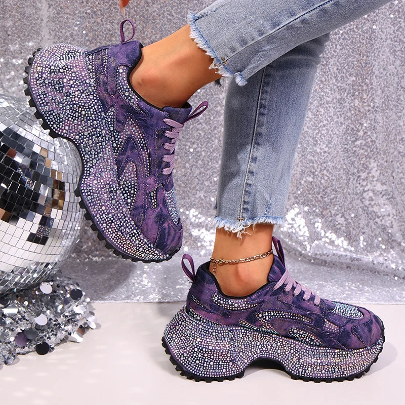 Luxury Rhinestone Chunky Sneakers for Women Fashion Purple Denim Platform Sports Shoes Woman Non Slip Thick Sole Vulcanize Shoes