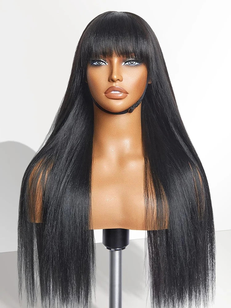 100% Human Hair Wigs Wear Go Glueless Straight Wig With Bangs Natural Black Color Straight Machine Made Wig with Fringe Bobbi