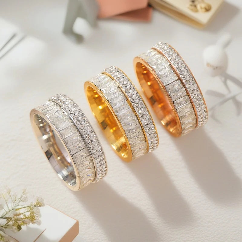 8MM Luxury Zircon Stainless Steel Finger Ring For Women 2025 New High Quality Anti-Fade Female Wedding Party Fashion Jewelry