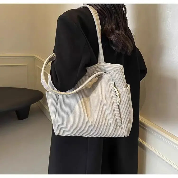 Corduroy Daily Handbag Fashionable Versatile Shoulder Bag for Women Multi-Compartment Zipper Closure Commute Women's Tote Bag