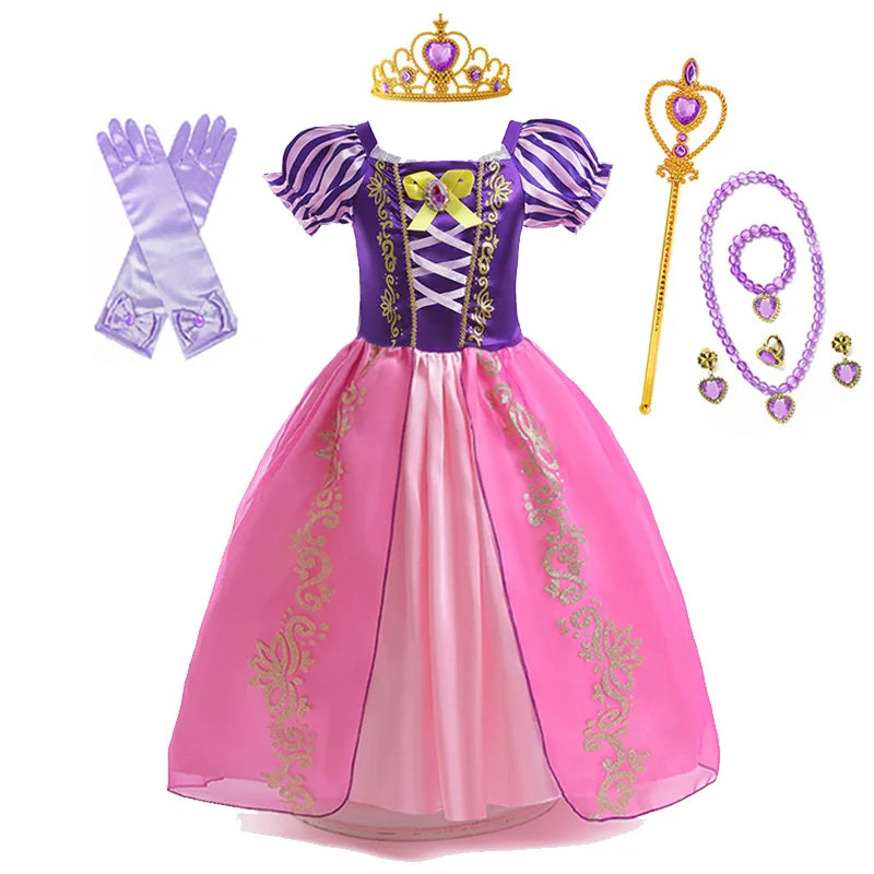 Disney Rapunzel Princess Dress Girl Purple Puff Sleeve Cosplay Tangled Costume Halloween Vestido Kids Birthday Ball Gown Clothes