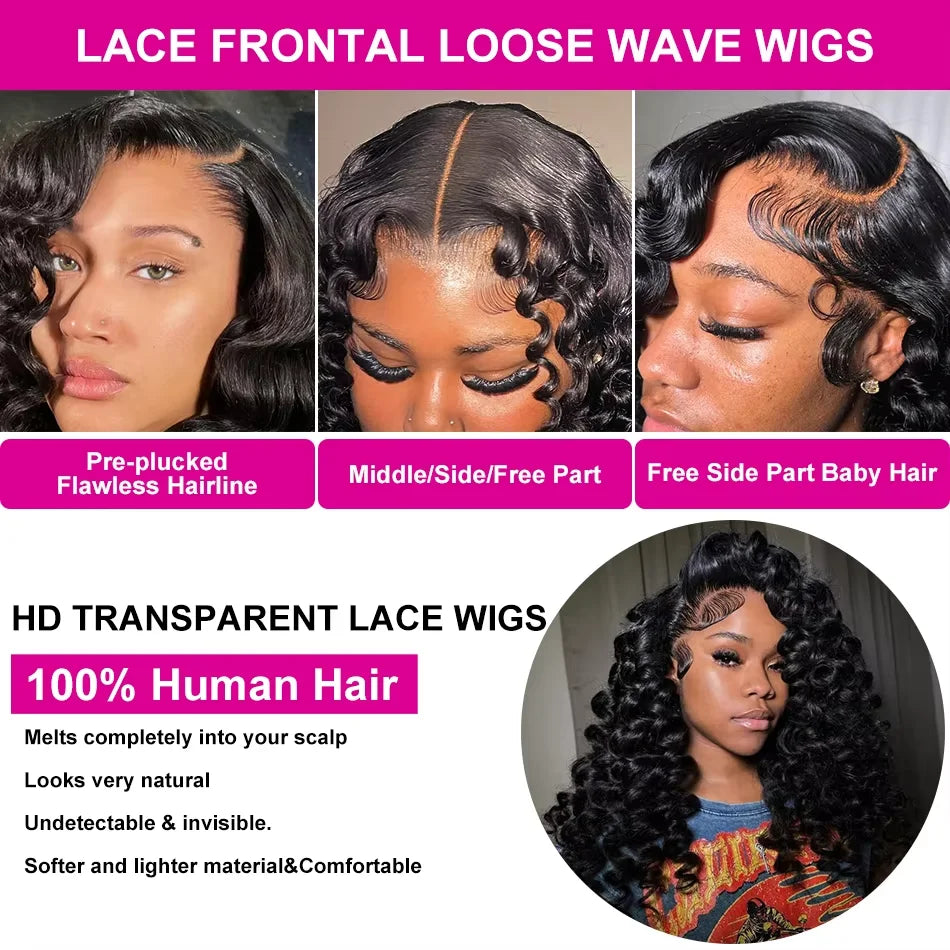 Luvin Loose Wave 13x6 HD Lace Frontal Wigs Loose Waves Wig Human Hair Brazilian Loose Deep Wave Curly Wigs Human Hair For Women