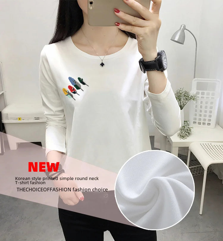 Long Sleeve T-shirt Women Simple Print Round Neck Top Loose Base Shirt Outdoor Wear Autumn Clothes