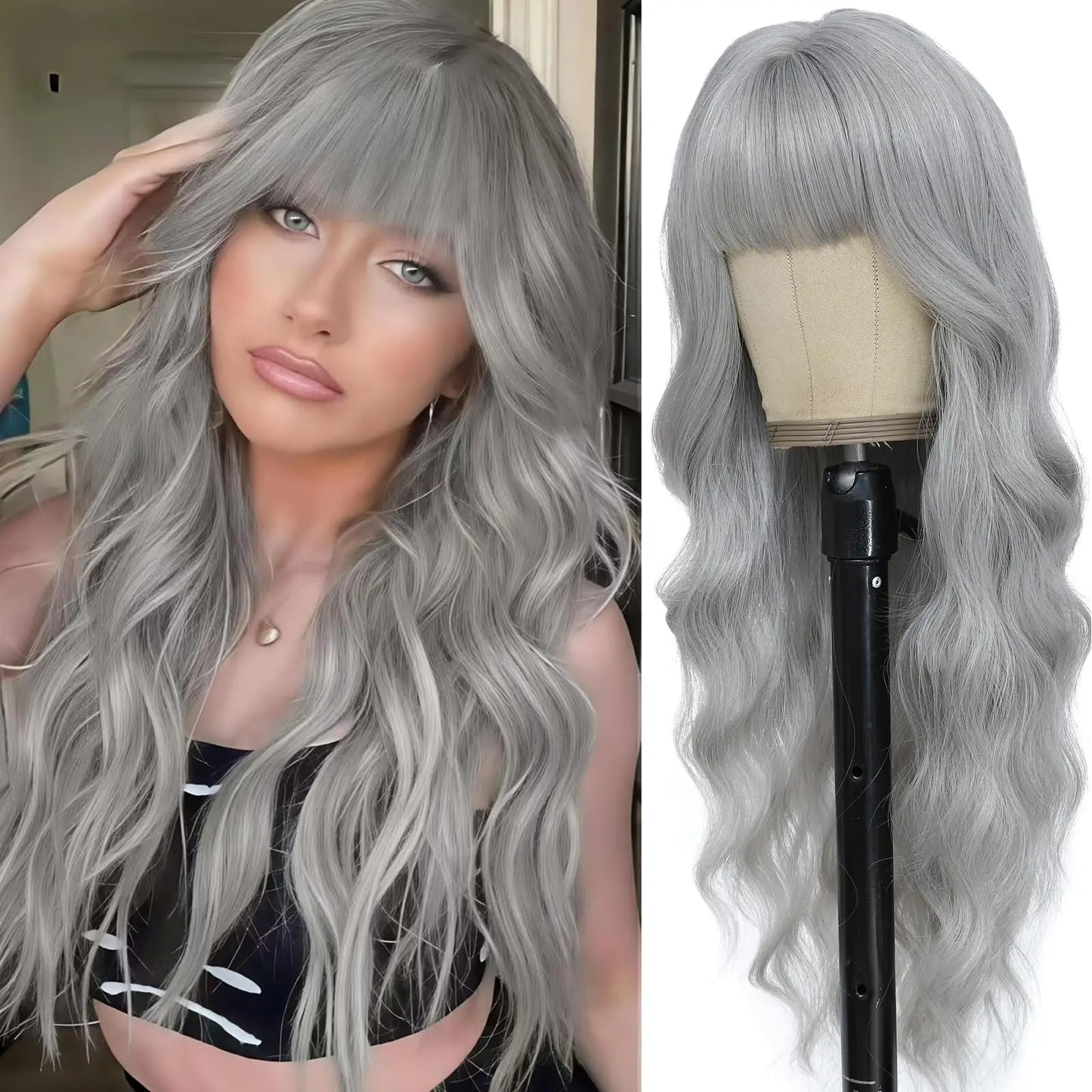 Gray long curly hair synthetic wig with big waves, Halloween cosplay wig, daily wig, high-temperature hair fiber wig set