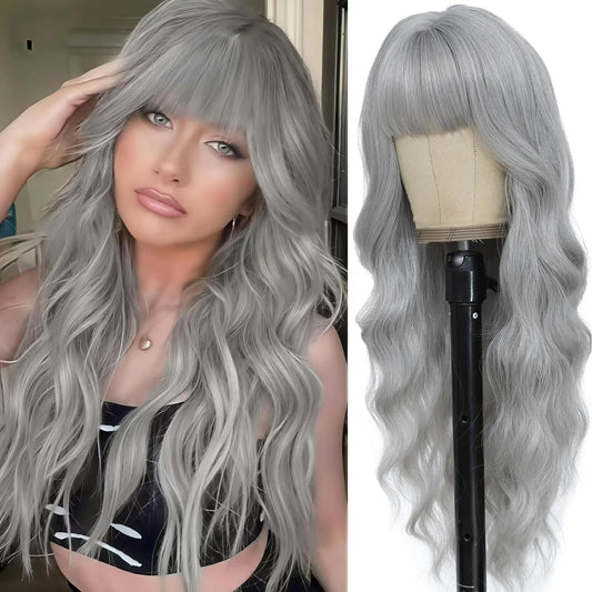 Gray long curly hair synthetic wig with big waves, Halloween cosplay wig, daily wig, high-temperature hair fiber wig set
