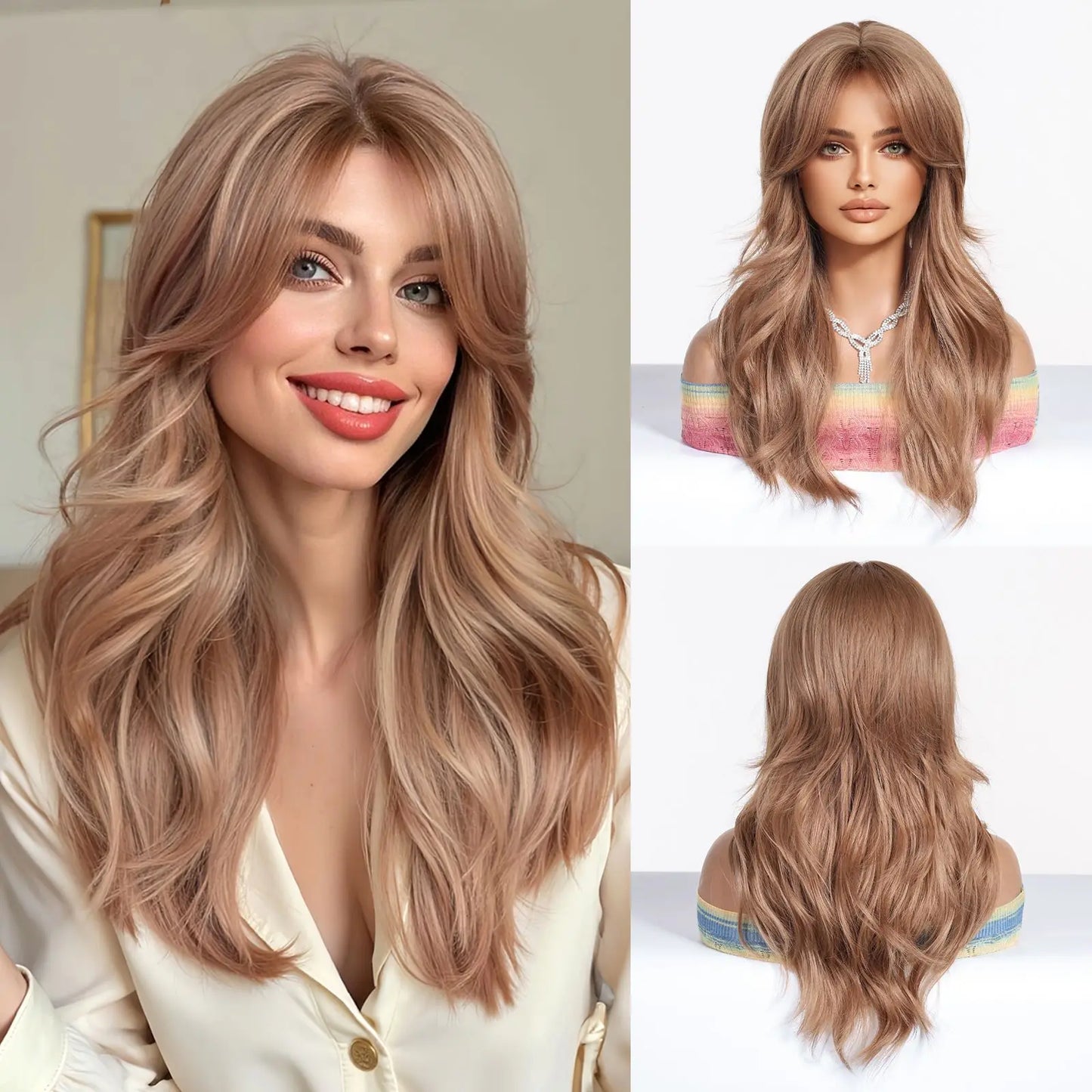 Elegant Curly Wave Ash Blonde Wig Synthetic Hair with Bangs Long Women Party Cospaly Wig 100% Tang Long  Heat Resistant Fiber