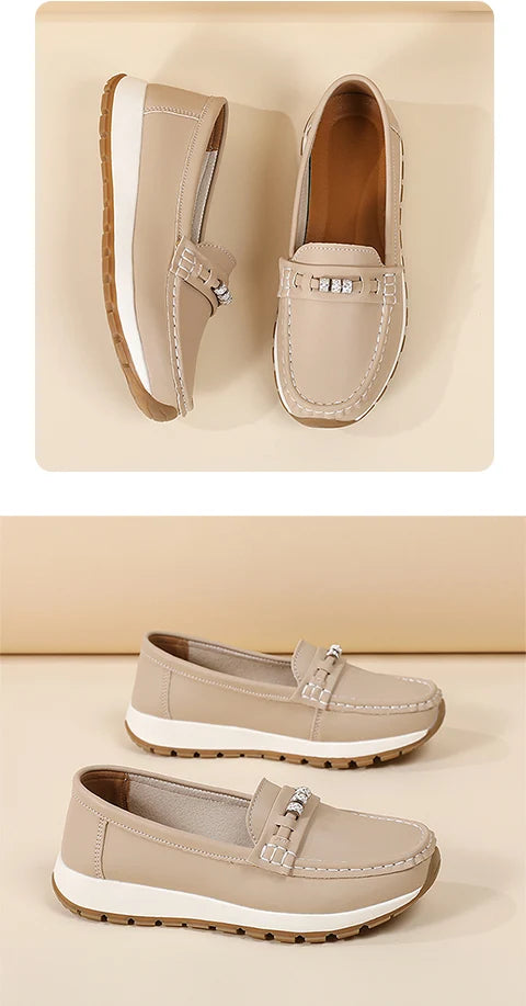 Women's casual flat shoes, 100 genuine leather shoes, lightweight spring and summer loafers, walking mom shoes