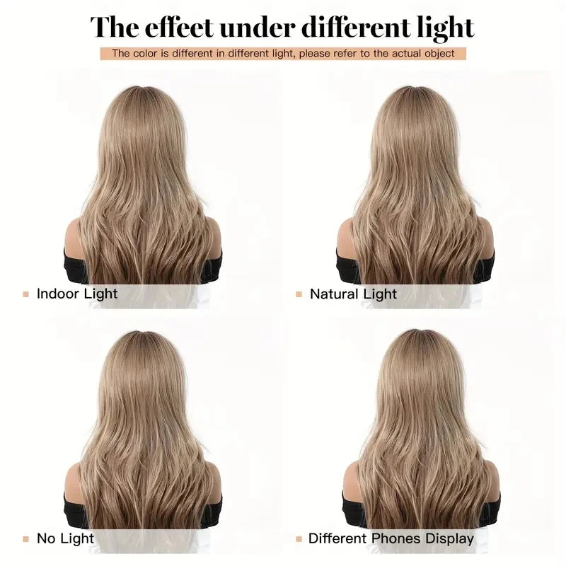 Elegant Curly Wave Ash Blonde Wig Synthetic Hair with Bangs Long Women Party Cospaly Wig 100% Tang Long  Heat Resistant Fiber