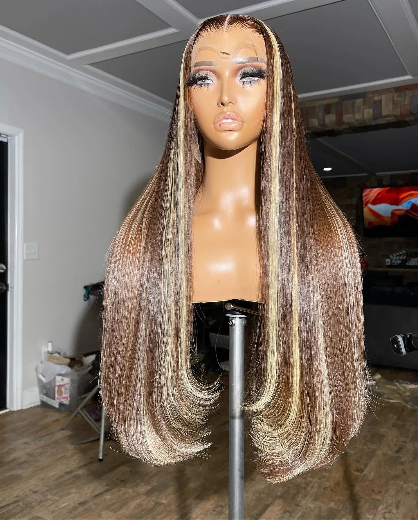 Brown With Gold Gradient Straight Hair Wigs Glueless 5x5 HD Lace Closure Wig Gold Omber Highlight Human Hair Wig Colored Wigs