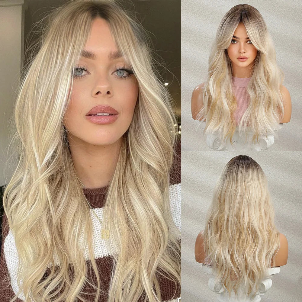 Elegant Curly Wave Ash Blonde Wig Synthetic Hair with Bangs Long Women Party Cospaly Wig 100% Tang Long  Heat Resistant Fiber