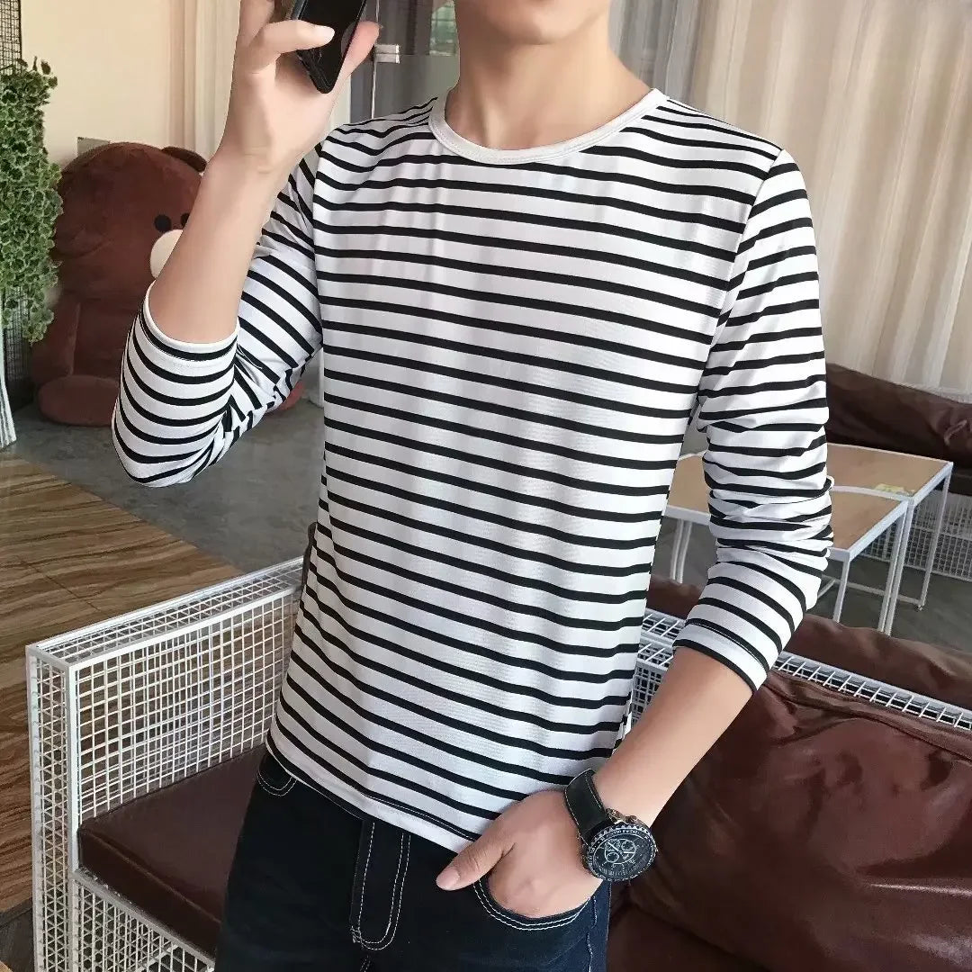 Men's Long Sleeve T-shirt 2020 Spring Autumn New Stripe Clothes Korean Trendy Basic Layer Top Autumn Wear For Men
